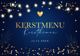 Kerstmenukaart blauw lampjes goudlook