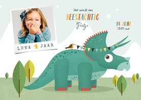Kindefeestje vrolijk dinosaurus fotokaart triceratops