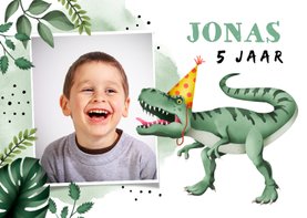 Kinderfeest uitnodiging stoer met t-rex en eigen foto