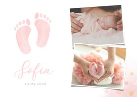 Klassiek geboortekaartje meisje - waterverf voetjes en foto