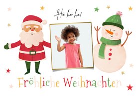 Kleurrijke Duitse kerstkaart met kerstman en sneeuwpop
