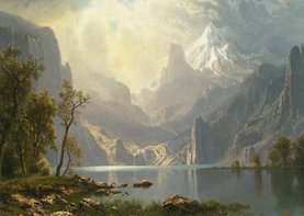 Kunstkaart van Albert Bierstadt. Meer in de bergen