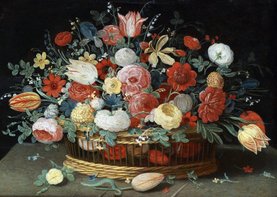 Kunstkaart van Jan van Kessel. Rozen, tulpen, irissen