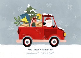 Leuke kerst verhuiskaart met verhuisauto en kerstman