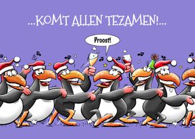 Leuke kerstkaart met 7 pinguïns, die met elkaar proosten