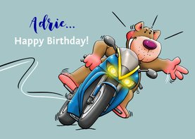 Leuke verjaardagskaart felicitatie met beertje op motor
