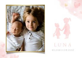 Lief geboortekaartje met silhouet 2 zusjes en eigen foto