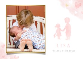 Lief geboortekaartje met silhouet broer en zusje en foto