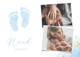 Lief geboortekaartje voor een jongen met blauwe voetjes