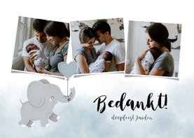 Lieve bedankkaart voor een doopfeest met foto's en olifantje