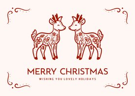 Lieve kerstkaart met illustratie van hertjes en ornamenten