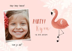 Lieve uitnodiging kinderfeestje flamingo, bladeren en foto