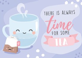 Lila uitnodiging wenskaart met illustratie van een kop thee