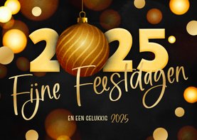 Moderne kerstkaart zwart 2025 kerstbal goud foliedruk