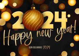 Moderne nieuwjaarskaart zwart 2024 kerstbal goud foliedruk