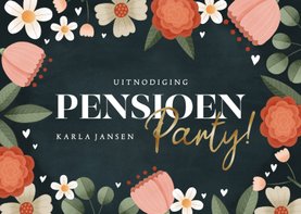 Moderne uitnodiging pensioen party bloemenkader en hartjes