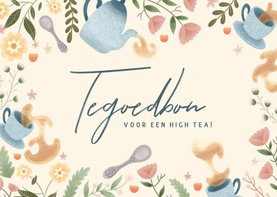 Moederdag kaart tegoedbon high tea met bloemen en thee