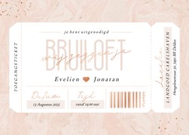 Mooie uitnodiging bruiloft ticket op roze marmer met koper