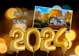 Nieuwjaars verhuiskaart ballonnen goud 2024
