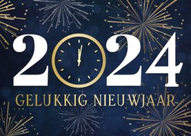 Nieuwjaarskaart 2024 met klok op 12 uur en vuurwerk