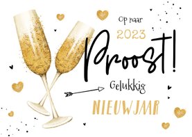 Nieuwjaarskaart champagne gouden hartjes liefde 2023