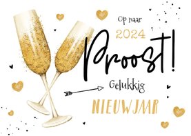 Nieuwjaarskaart champagne gouden hartjes liefde 2024