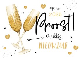 Nieuwjaarskaart champagne gouden hartjes liefde 2025