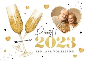 Nieuwjaarskaart champagne hartjes liefde goud 2023 foto