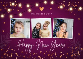 Nieuwjaarskaart fotocollage paars lampjes confetti koperlook