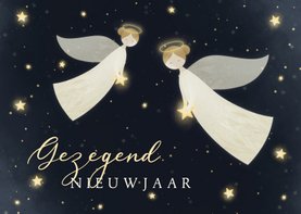 Nieuwjaarskaart Gezegend Nieuwjaar met 2 engelen en sterren