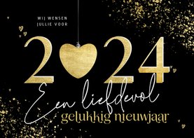 Nieuwjaarskaart gouden 2024 met hart liefdevol nieuwjaar