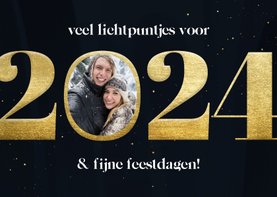 Nieuwjaarskaart gouden 2024 met veel lichtpuntjes en foto