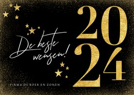 Nieuwjaarskaart in goud 2024 en sterren zwart stijlvol