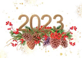 Nieuwjaarskaart met 2023 in hout met goud