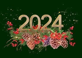 Nieuwjaarskaart met 2024 in hout met goud
