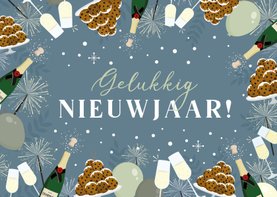 Nieuwjaarskaart met illustraties van champagne en oliebollen
