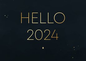 Nieuwjaarskaart minimalistisch blauw hello 2024 goudlook