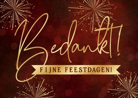 Rode kerst bedankkaart met gouden vuurwerk