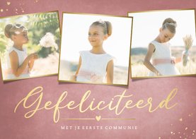 Roze felicitatiekaart met foto's communie van een meisje