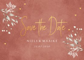 Save the Date kaart terracotta floral hartjes