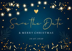 Save the Date kerstkaart blauw lampjes goudlook confetti