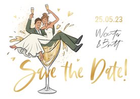 Save the date trouwkaart grappig bruidspaar cartoon