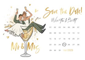 Save the date trouwkaart kalender grappig bruidspaar cartoon
