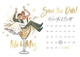 Save the date trouwkaart kalender grappig bruidspaar cartoon