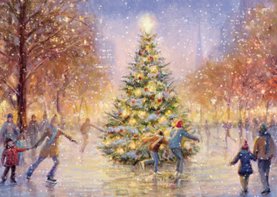 Schaatsende mensen op het ijs rondom de kerstboom