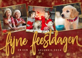 Sfeervolle rode kerst fotokaart met 3 foto's en gouden tekst