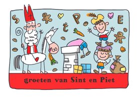 Sinterklaaskaart met sint en piet op het dak