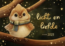 Sprankelende nieuwjaarskaart vogeltje licht en liefde