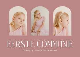 Stijlvol roze fotocollage kaartje voor communie met bogen