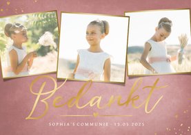 Stijlvolle bedankkaart communie met 3 foto's voor een meisje